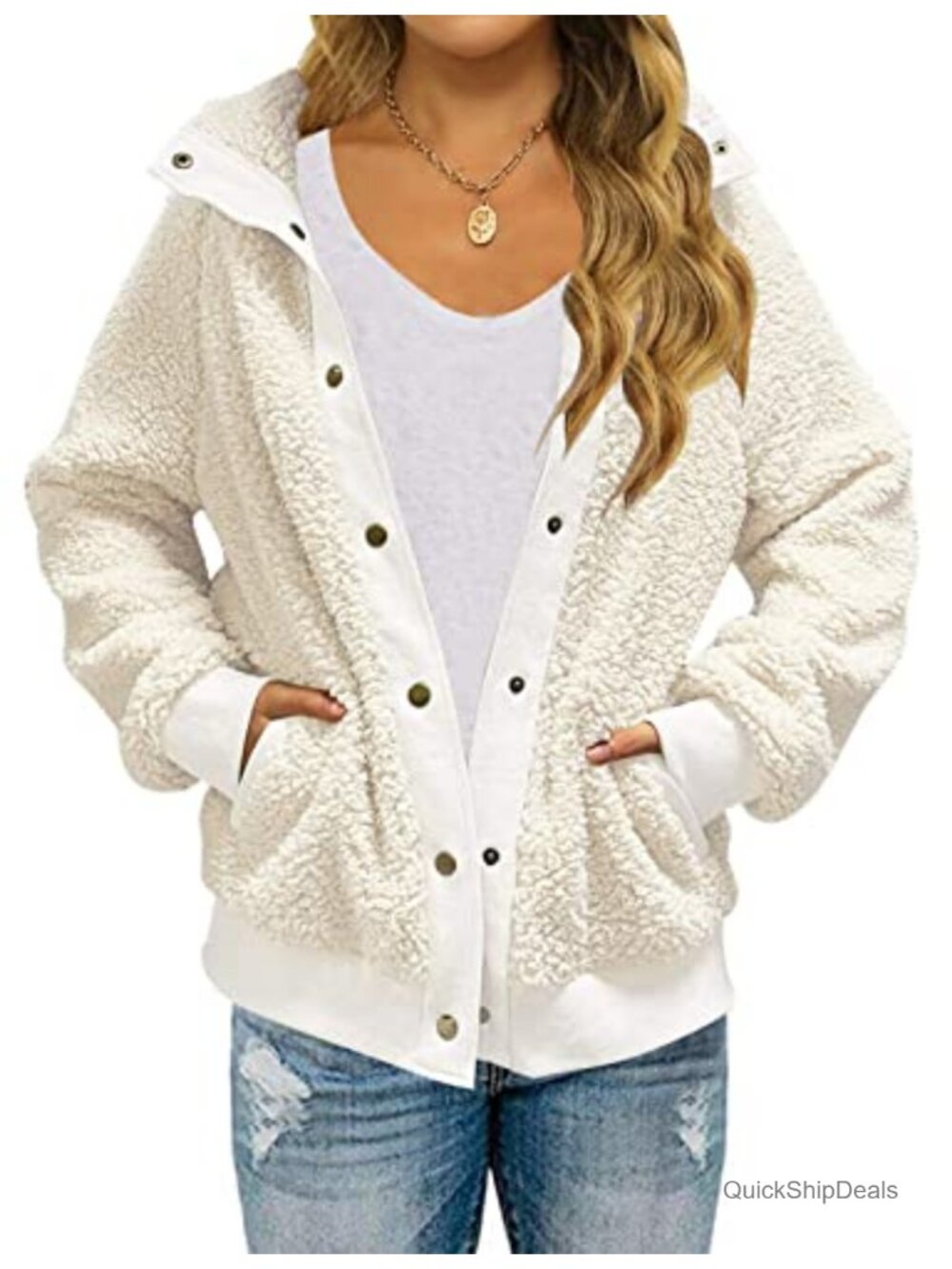 Sherpa Fleece Jacket Snap Button Relaxed Fit Women's Winter Coat